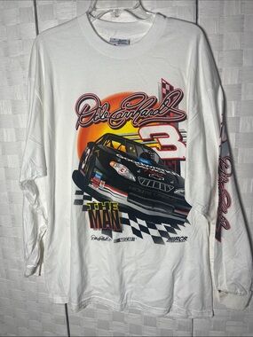 White Long-Sleeve Racing Graphic Tee with Bold Car Print stain on sleeve